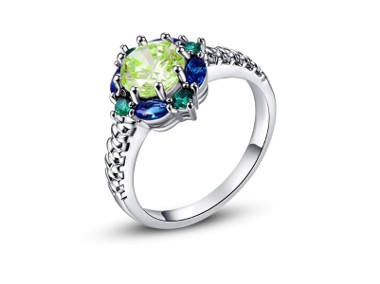 Nowy pierścionek srebrny kolor zielone niebieskie cyrkonie paw retro-1