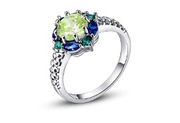 Nowy pierścionek srebrny kolor zielone niebieskie cyrkonie paw retro
