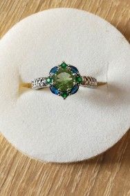 Nowy pierścionek srebrny kolor zielone niebieskie cyrkonie paw retro-2