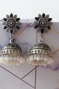 Nowe kolczyki indyjskie srebrny kolor czarne szare białe koraliki perełki boho-2