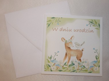 Kartka na urodziny dla dzieci zielona sarenka i kwiaty jelonek +personalizacja-1