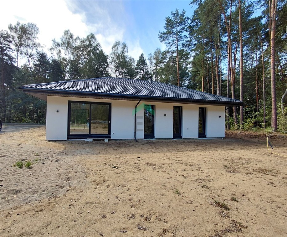 Nowy parterowy dom w otoczeniu zieleni