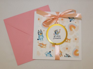 Kartka na urodziny pieski Bluey i Bingo z bajki Blu dla dzieci różowa-2