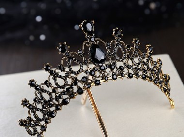 Nowa korona diadem tiara opaska złoty kolor czarne kamienie wesele bal-1