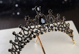 Nowa korona diadem tiara opaska złoty kolor czarne kamienie wesele bal
