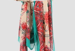 Nowy lekki szal tkany z wełną orientalny beżowy różowy turkusowy kwiaty