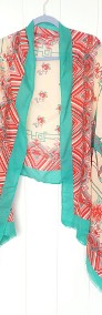 Nowy lekki szal tkany z wełną orientalny beżowy różowy turkusowy kwiaty-4