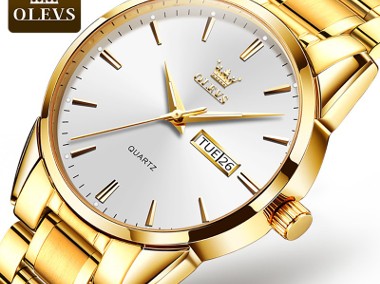 Klasyczny zegarek męski złoty garniturowy bransoleta datownik nowy kwarcowy 39mm-1