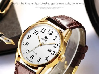 Klasyczny zegarek męski kwarcowy złoty 39mm Olevs biała tarcza brązowy pasek-1