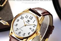 Klasyczny zegarek męski kwarcowy złoty 39mm Olevs biała tarcza brązowy pasek