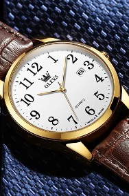 Klasyczny zegarek męski kwarcowy złoty 39mm Olevs biała tarcza brązowy pasek-2