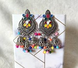 Kolczyki indyjskie jhumki srebrny kolor kolorowe koraliki boho bohemian etno