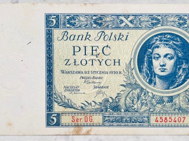 Banknot Polska IIRP 5 Złotych Złoty zł 1930 rok r. Seria DG. Stan -I -UNC -1