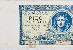 Banknot Polska IIRP 5 Złotych Złoty zł 1930 rok r. Seria DG. Stan -I -UNC 