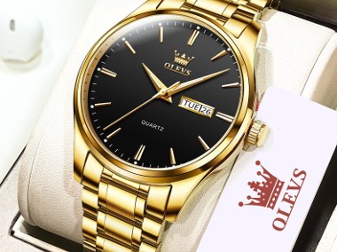 Klasyczny zegarek złoty męski Olevs bransoleta datownik 39mm pudełko bateria-1