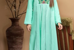 Nowa indyjska sukienka tunika S 36 M 38 zielona turkusowa haft paw pawie boho