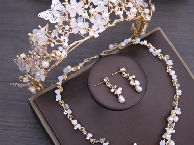 Korona tiara opaska naszyjnik kolczyki komplet biżuterii kolor złoty motyle-1