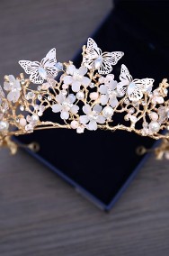 Korona tiara opaska naszyjnik kolczyki komplet biżuterii kolor złoty motyle-2