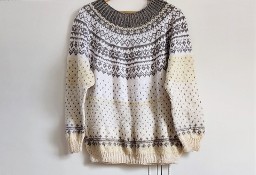 Ręcznie wykonany sweter vintage biały kremowy wzór norweski S M L