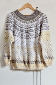 Ręcznie wykonany sweter vintage biały kremowy wzór norweski S M L-2