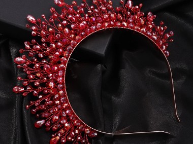 Opaska do włosów korona tiara cyrkonie koraliki czerwone wesele bal-1