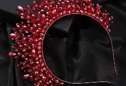 Opaska do włosów korona tiara cyrkonie koraliki czerwone wesele bal