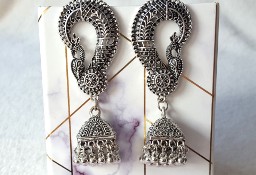 Kolczyki orientalne indyjskie srebrny kolor retro etno paw pawie boho bohemian
