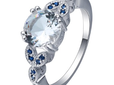 Nowy pierścionek srebrny kolor posrebrzany biała cyrkonia niebieskie retro styl-1