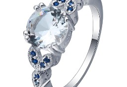 Nowy pierścionek srebrny kolor posrebrzany biała cyrkonia niebieskie retro styl