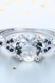 Nowy pierścionek srebrny kolor posrebrzany biała cyrkonia niebieskie retro styl-2