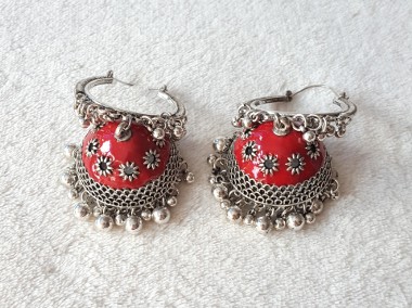 Kolczyki duże boho indyjskie jhumka czerwone kolor srebrny Bollywood duże-1