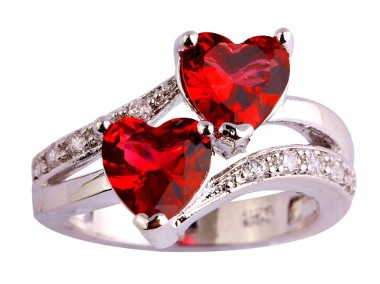 Nowy pierścionek srebrny kolor czerwone cyrkonie serca serduszka-1