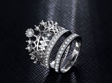Nowe pierścionki komplet zestaw korona tiara srebrny kolor białe cyrkonie-1