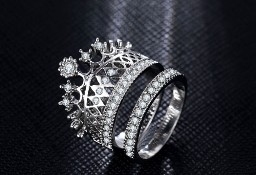 Nowe pierścionki komplet zestaw korona tiara srebrny kolor białe cyrkonie