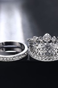 Nowe pierścionki komplet zestaw korona tiara srebrny kolor białe cyrkonie-2