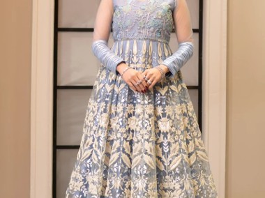 Niebieska suknia balowa S 36 kwiaty floral księżniczka królowa zima orient-1