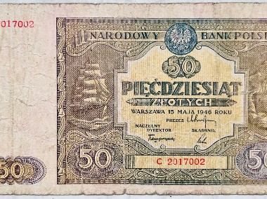 Banknot Polska PRL 50 Złotych zł 1946 rok Seria C Stan III- VF- Żaglowiec -1