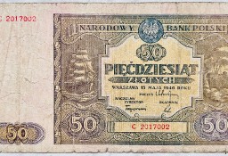 Banknot Polska PRL 50 Złotych zł 1946 rok Seria C Stan III- VF- Żaglowiec 