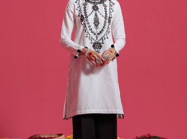 Nowa tunika indyjska S 36 biała bawełna w paski czarny haft kameez kurta kurti-1