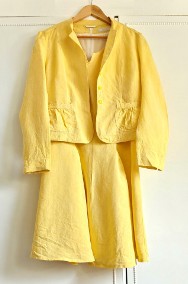 Żółty komplet sukienka marynarka 40 L retro len lniany kurtka lato elegancki-2