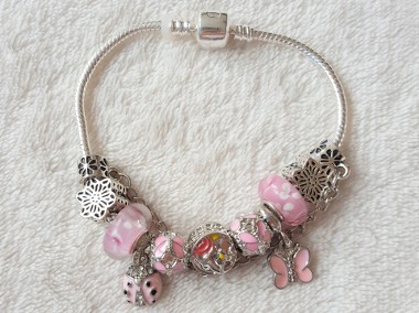 Nowa bransoletka modułowa srebrny różowy kolor beads koraliki kwiaty motyl-1