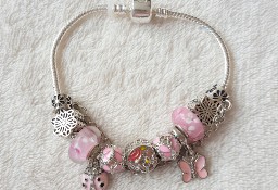 Nowa bransoletka modułowa srebrny różowy kolor beads koraliki kwiaty motyl