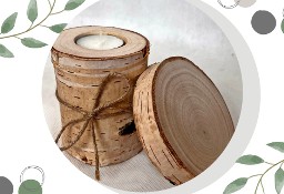 Drewniany zestaw upominkowy - świecznik i podstawka z krążka brzozy
